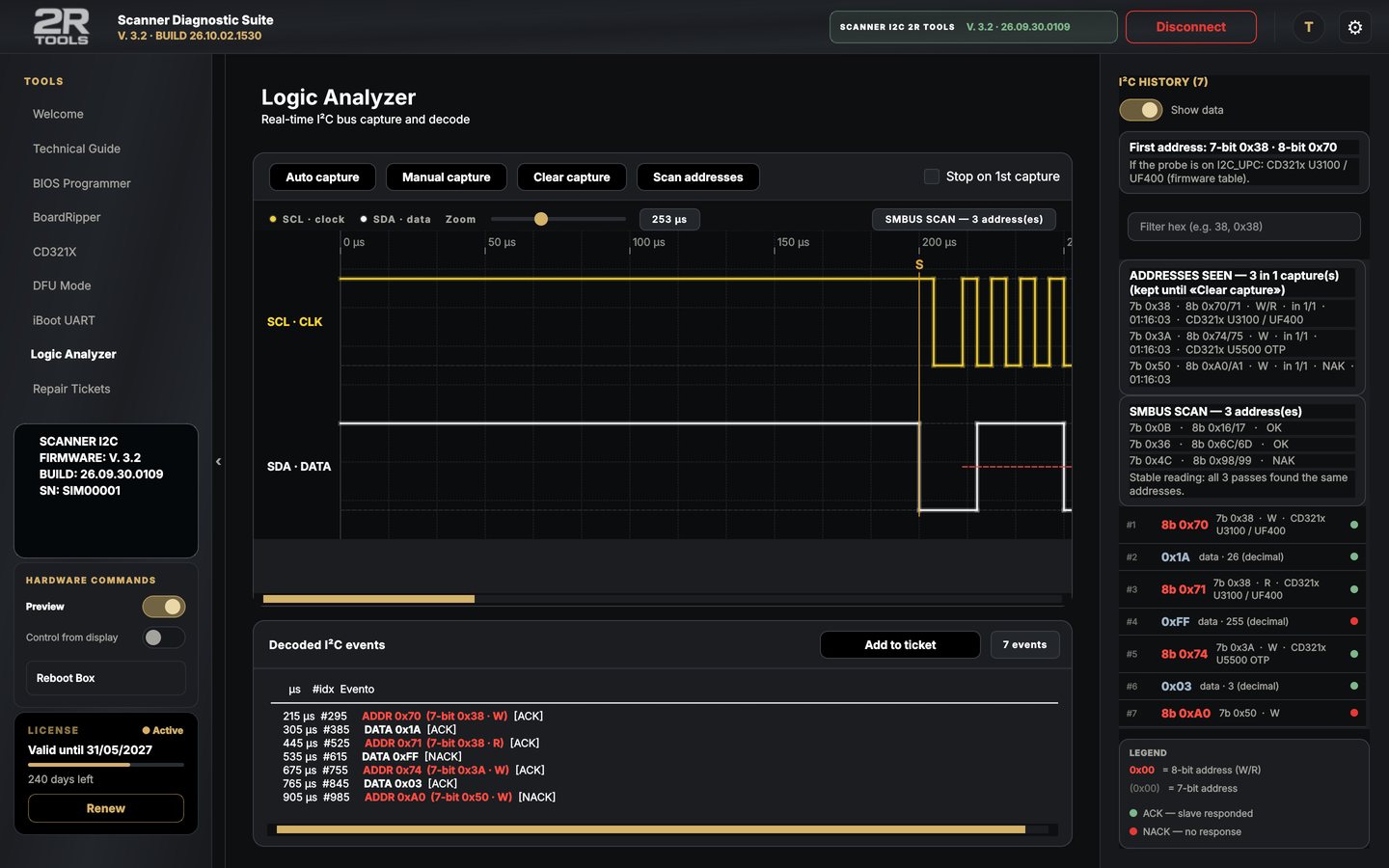 Click to enlarge I²C Logic Analyzer — waveform and addresses
